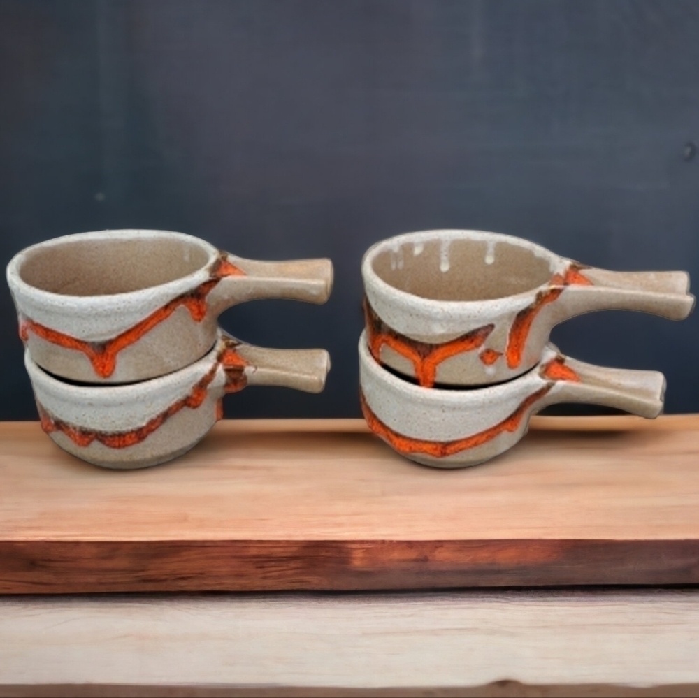 VINTAGE Laurentian pottery set of 4 soup bowl orange lava drip glaze # 643